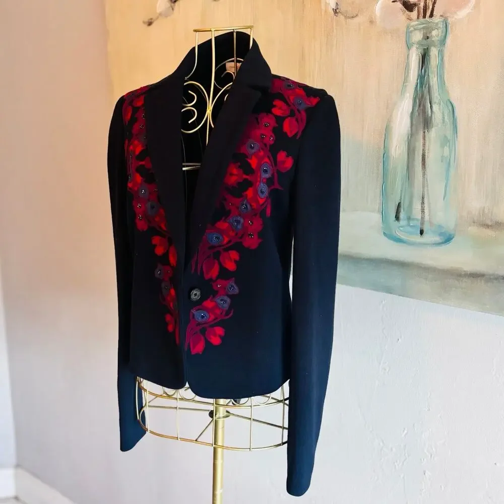 Tory Burch Navy Wool Blend Embroidered Floral Beaded Blazer Jacket XS